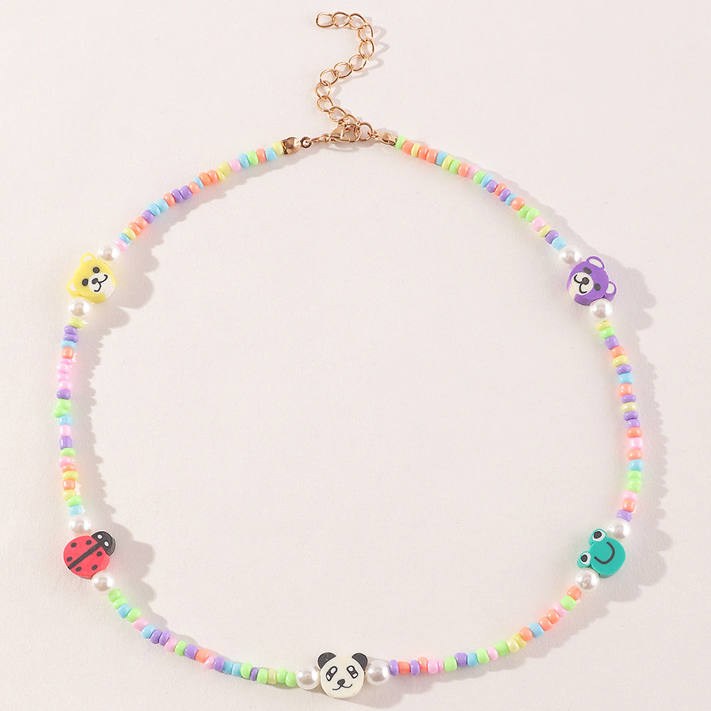 Fashion Fruit Miyuki Beads Acrylic Pearl Necklace and Handmade Clay Smiley Bracelet Set for Women and Children