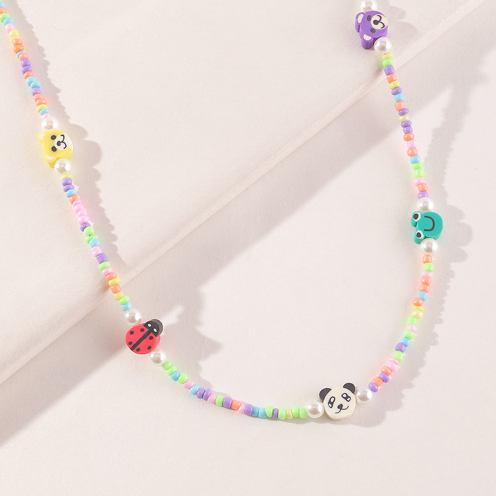 Fashion Fruit Miyuki Beads Acrylic Pearl Necklace and Handmade Clay Smiley Bracelet Set for Women and Children