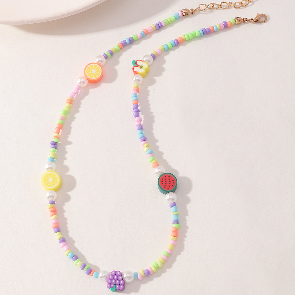 Fashion Fruit Miyuki Beads Acrylic Pearl Necklace and Handmade Clay Smiley Bracelet Set for Women and Children