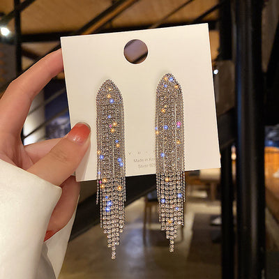 Fashion Rhinestone Geometric Triangle Long Tassel Earrings S925 Silver Needle