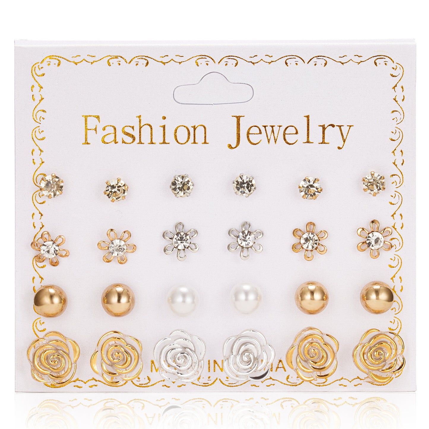Fashion Geometric Zircon Inlay Stud Earrings Set - 12 Pairs