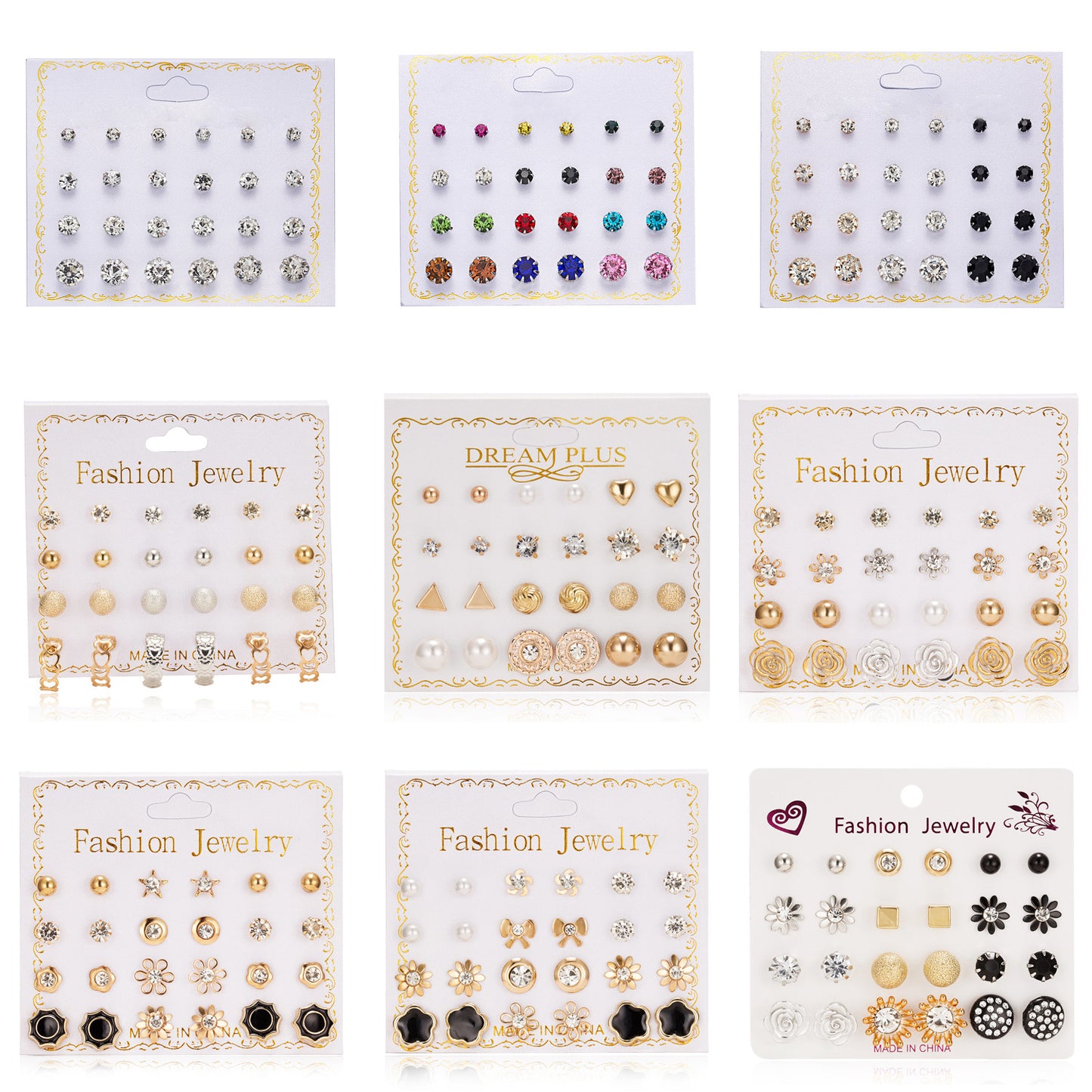 Fashion Geometric Zircon Inlay Stud Earrings Set - 12 Pairs