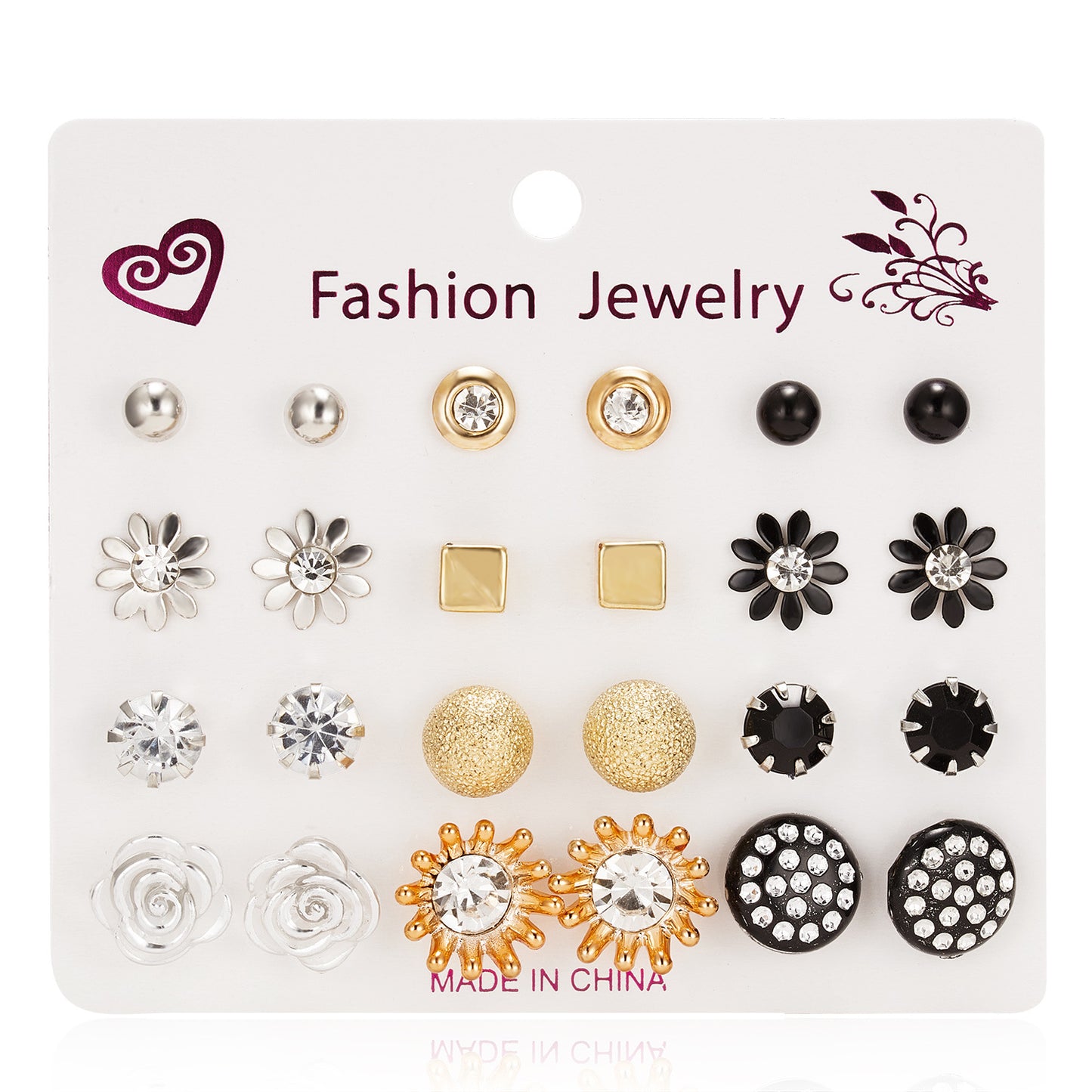 Fashion Geometric Zircon Inlay Stud Earrings Set - 12 Pairs