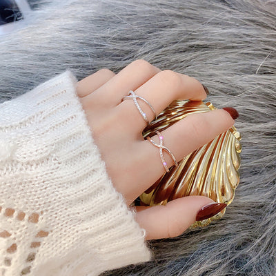 Fashion Geometric Copper Inlay Zircon Open Ring with Artificial Pearls