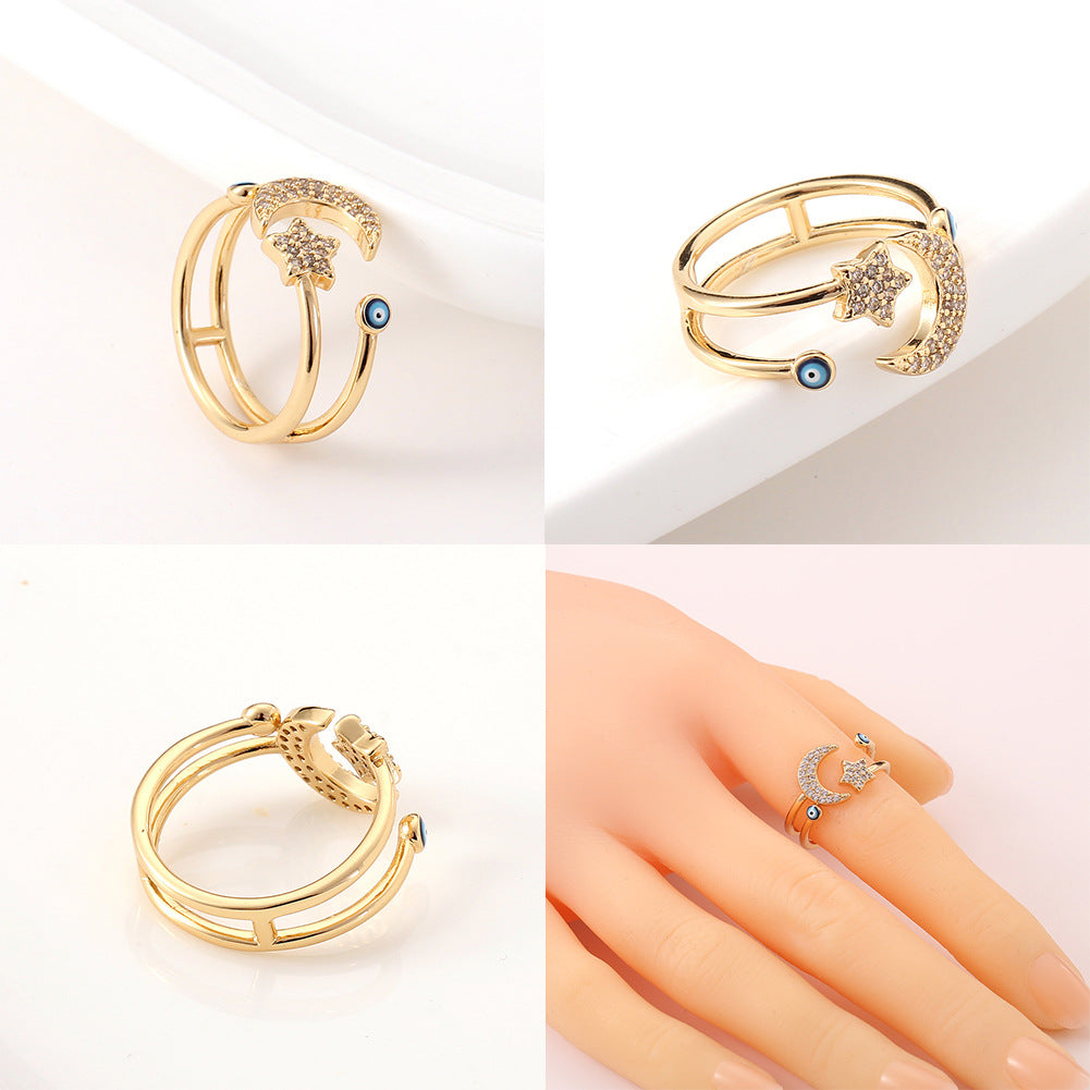 Fashion Geometric Devil's Eye Star Open Ring with Rhinestone Plated Zircon Copper