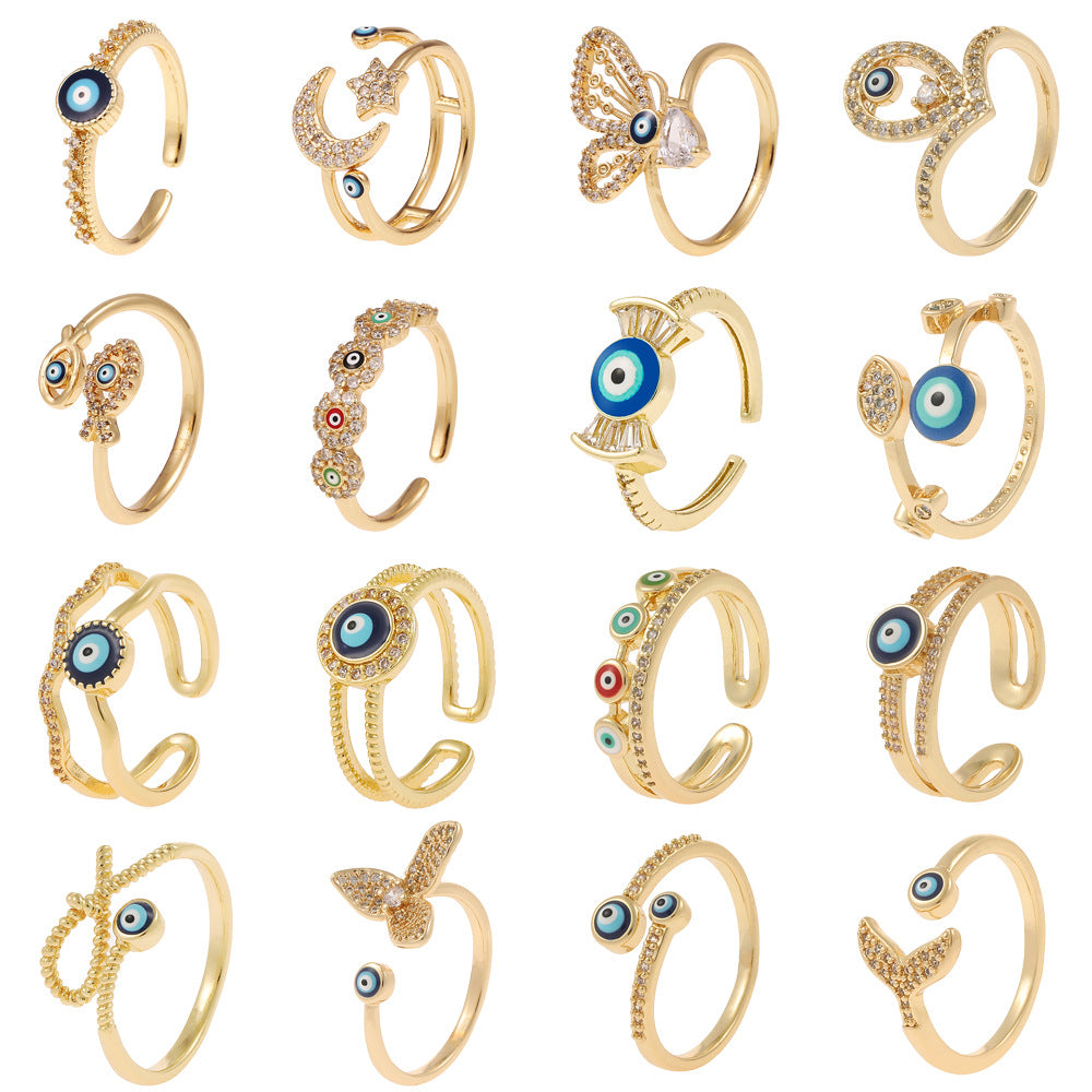 Fashion Geometric Devil's Eye Star Open Ring with Rhinestone Plated Zircon Copper