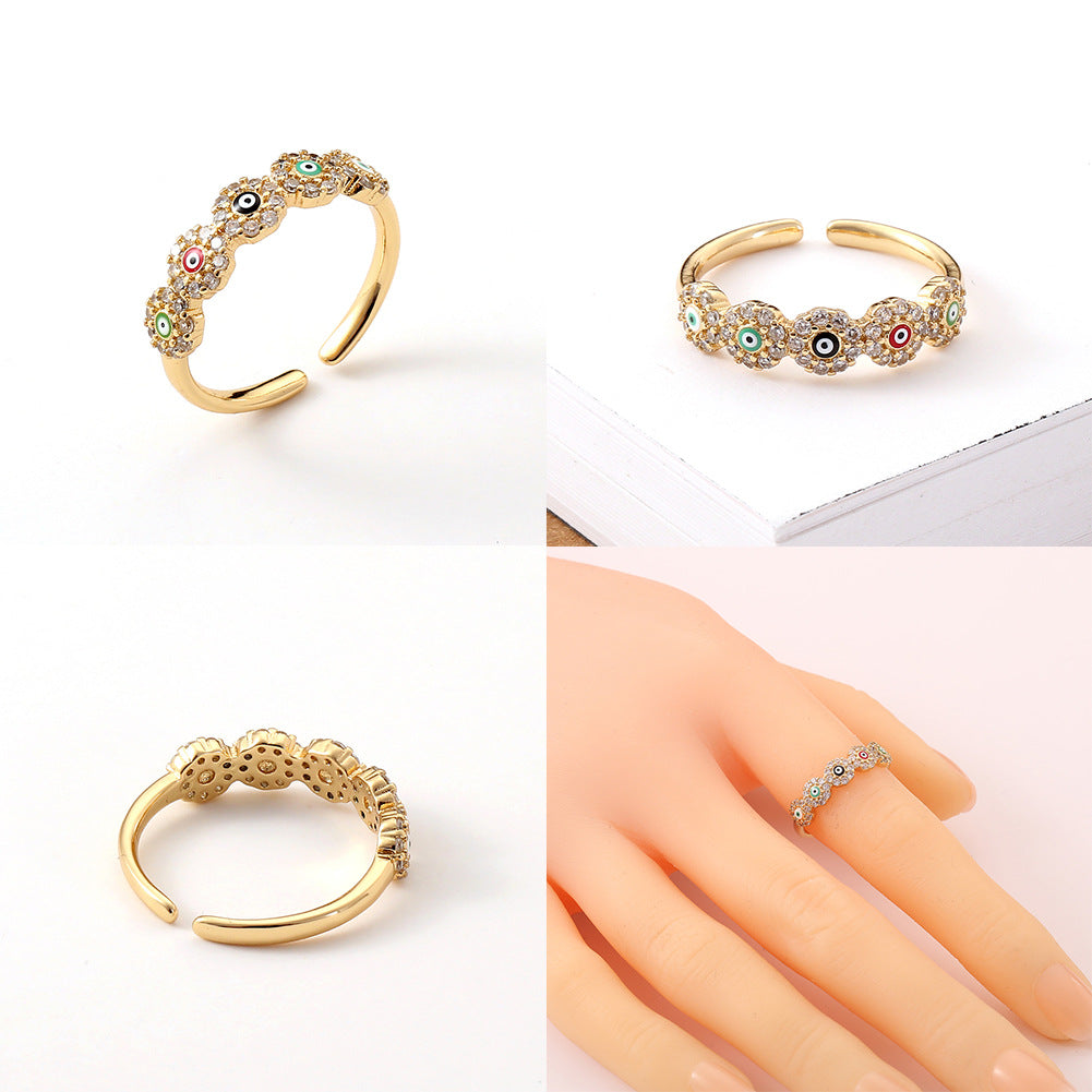 Fashion Geometric Devil's Eye Star Open Ring with Rhinestone Plated Zircon Copper