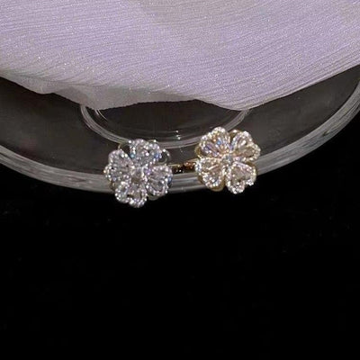 Fashion Geometric Four Leaf Clover Zircon Adjustable Open Ring in Sterling Silver
