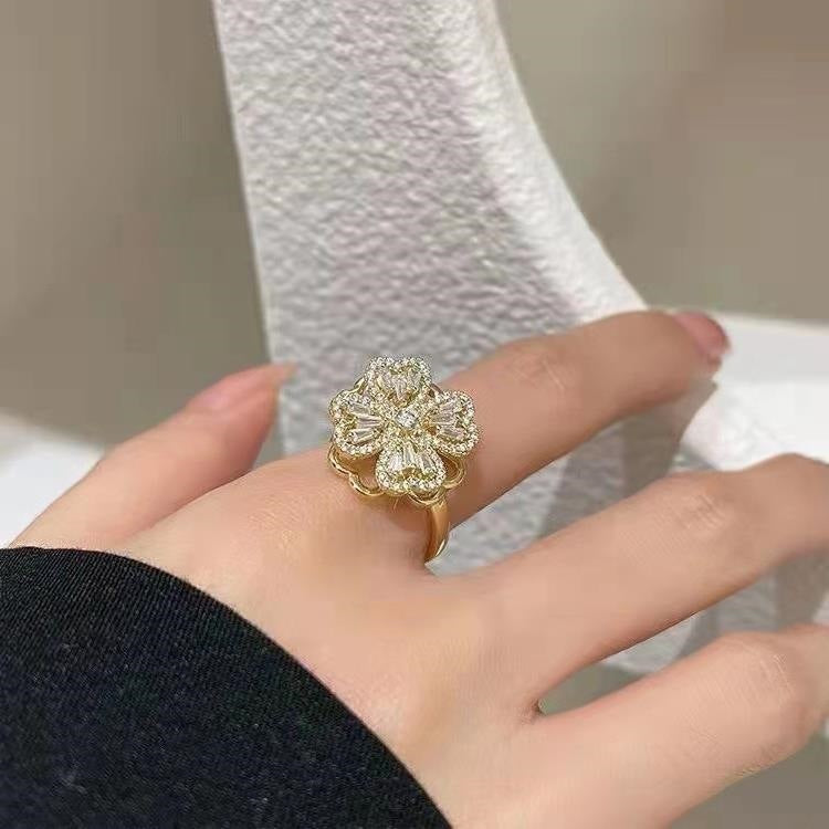 Fashion Geometric Four Leaf Clover Zircon Adjustable Open Ring in Sterling Silver