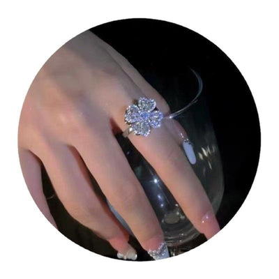 Fashion Geometric Four Leaf Clover Zircon Adjustable Open Ring in Sterling Silver