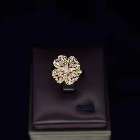 Fashion Geometric Four Leaf Clover Zircon Adjustable Open Ring in Sterling Silver
