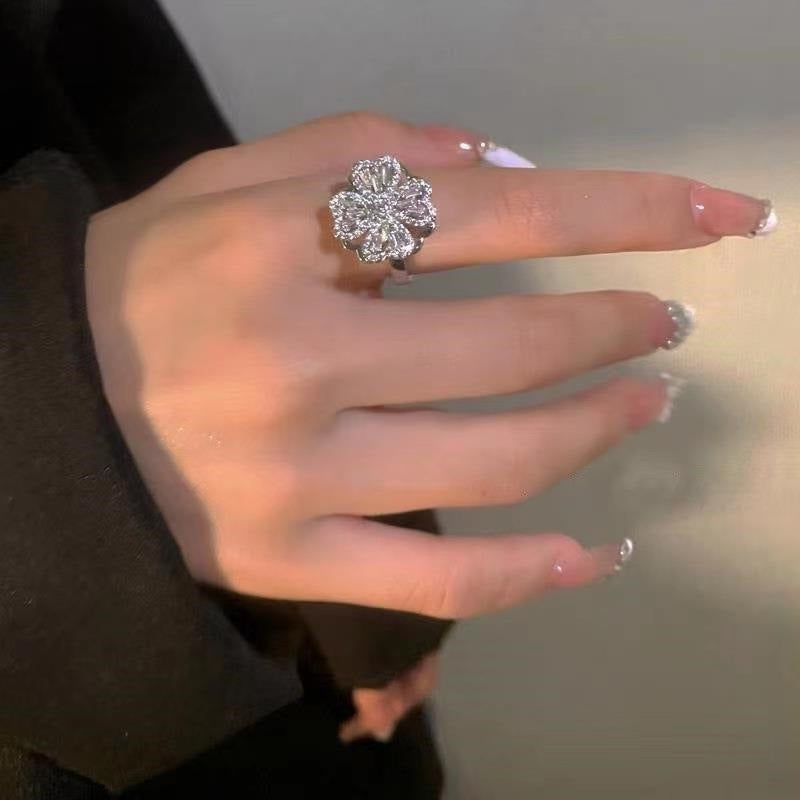 Fashion Geometric Four Leaf Clover Zircon Adjustable Open Ring in Sterling Silver