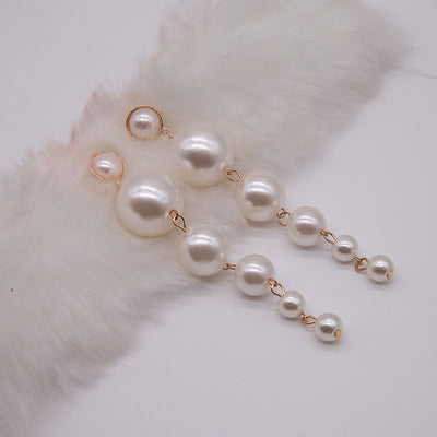 Geometric Pearl Alloy Plated Long Drop Earrings for Women