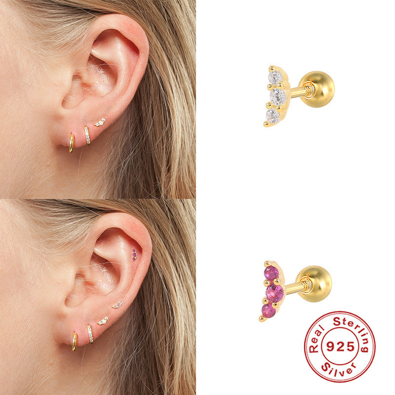 Geometric Moon S925 Sterling Silver Zircon Stud Earrings