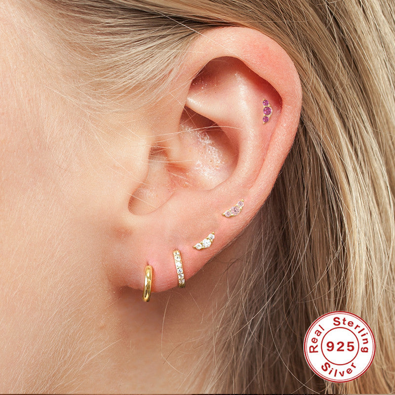 Geometric Moon S925 Sterling Silver Zircon Stud Earrings