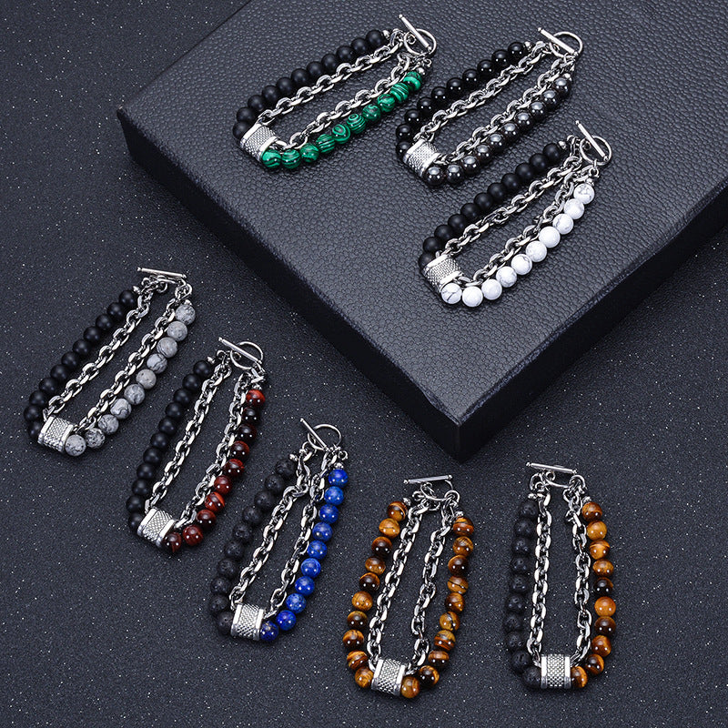 Geometric Natural Stone Lava Bead Stainless Steel Double Layer Bracelet