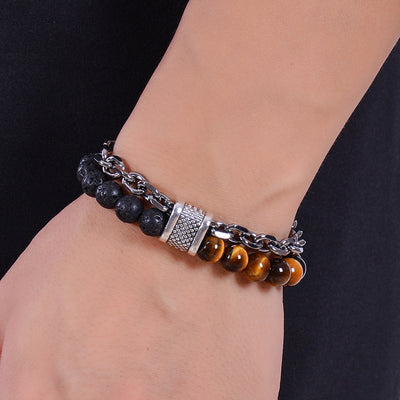 Geometric Natural Stone Lava Bead Stainless Steel Double Layer Bracelet