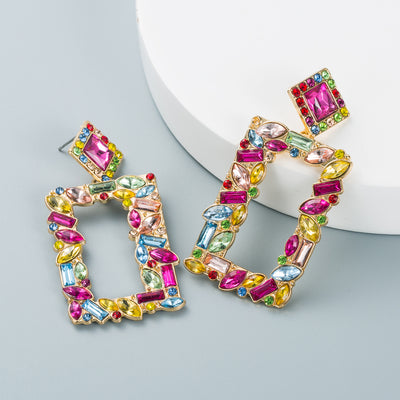 Fashion Geometric Square Alloy Earrings with Colorful Rhinestones