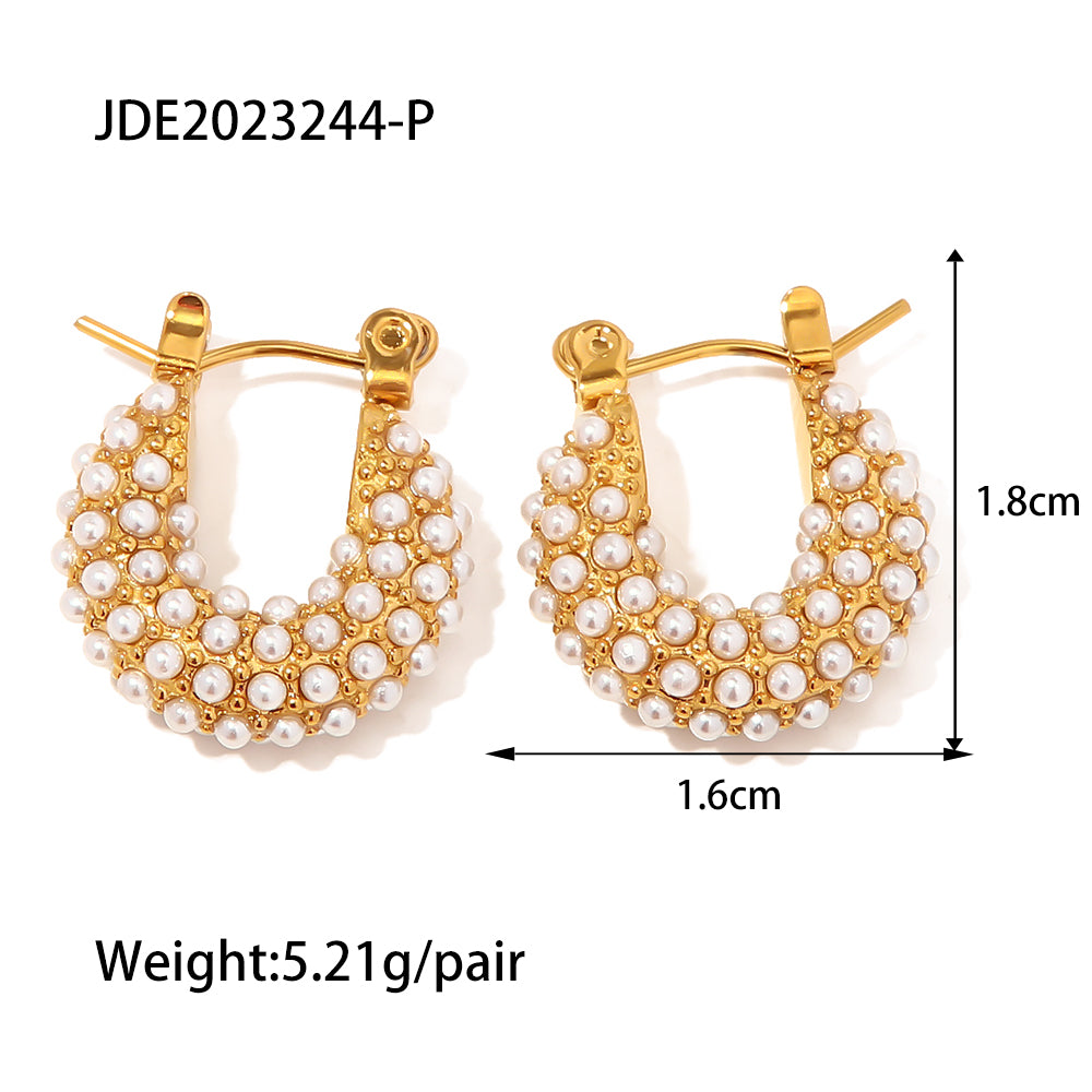 Geometric Stainless Steel Earrings with Artificial Pearls and Zirconia Inlay
