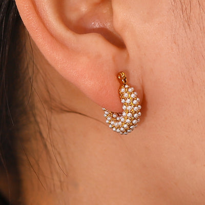 Geometric Stainless Steel Earrings with Artificial Pearls and Zirconia Inlay