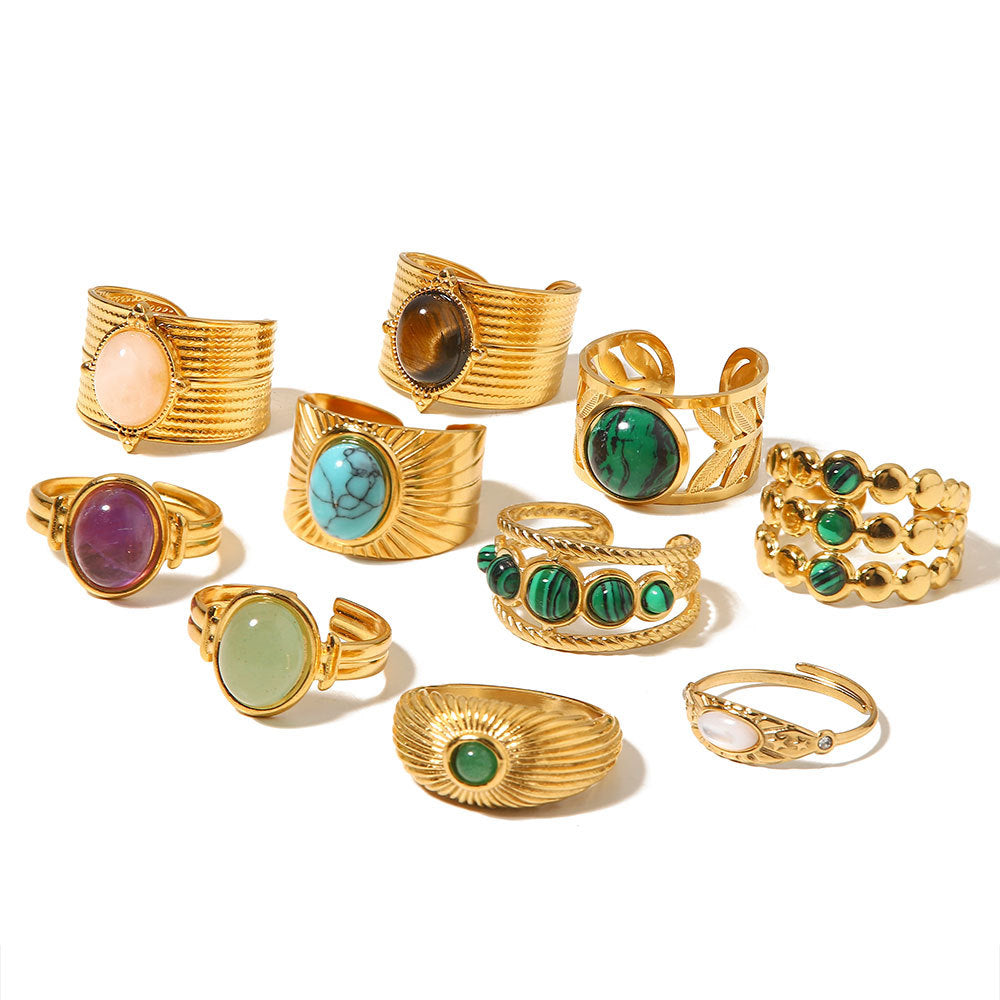 Vintage Geometric Stainless Steel Gemstone Adjustable Ring