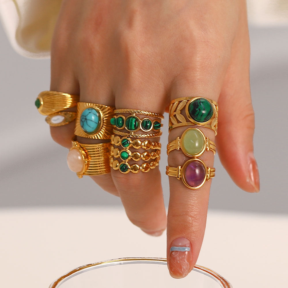Vintage Geometric Stainless Steel Gemstone Adjustable Ring