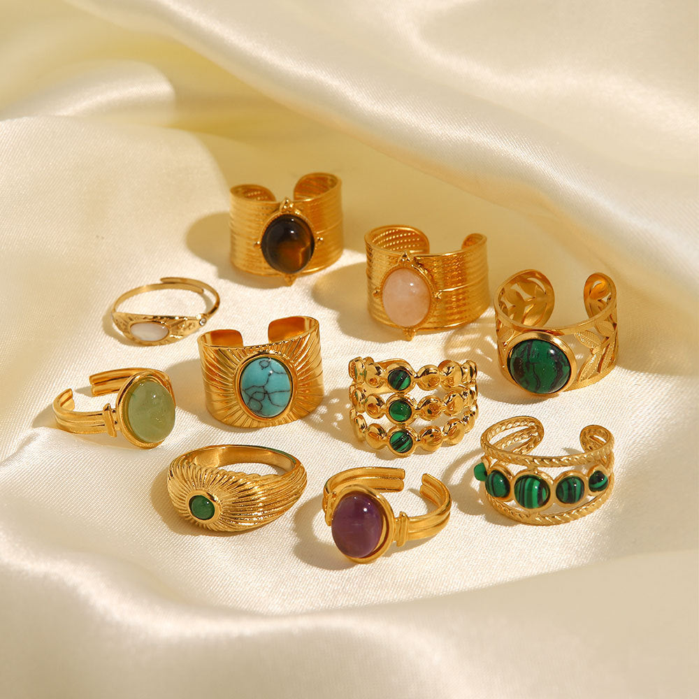 Vintage Geometric Stainless Steel Gemstone Adjustable Ring