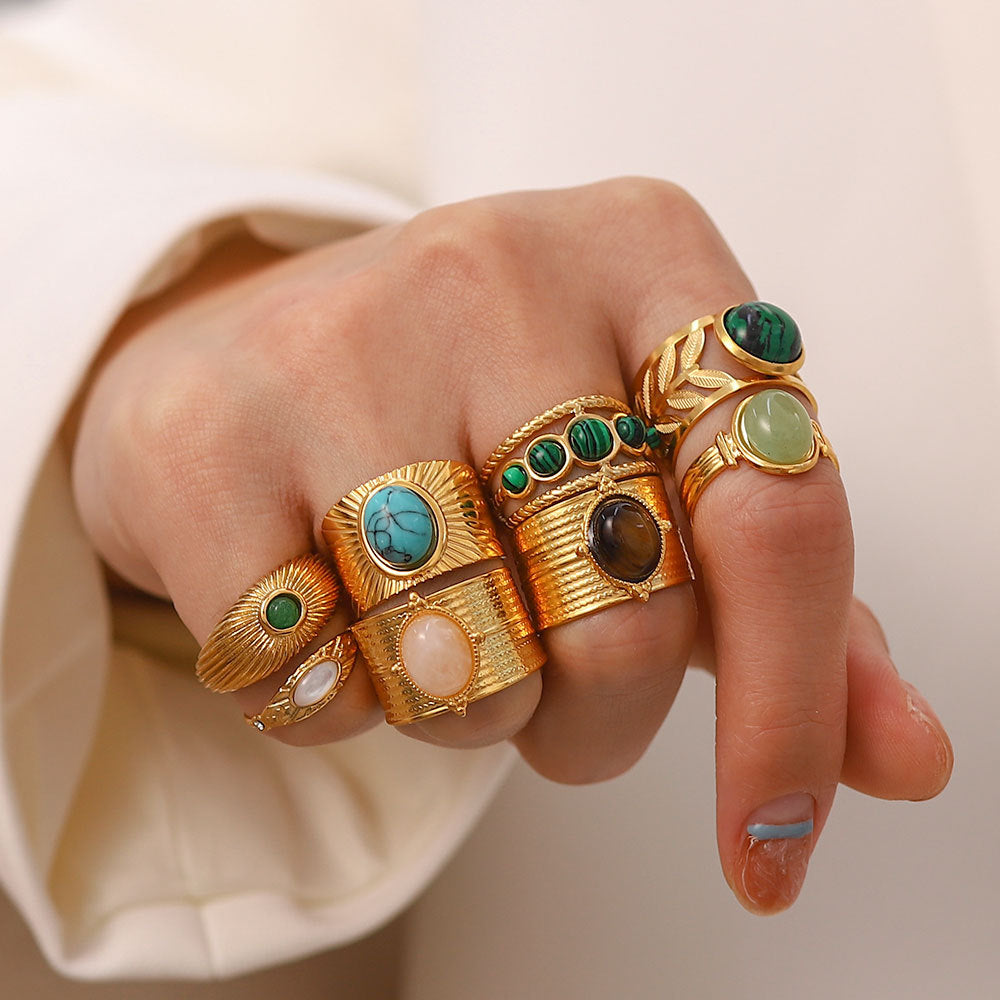 Vintage Geometric Stainless Steel Gemstone Adjustable Ring