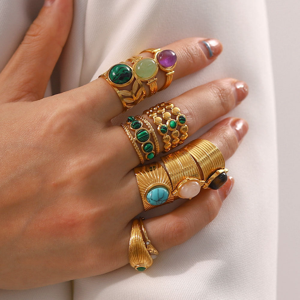 Vintage Geometric Stainless Steel Gemstone Adjustable Ring