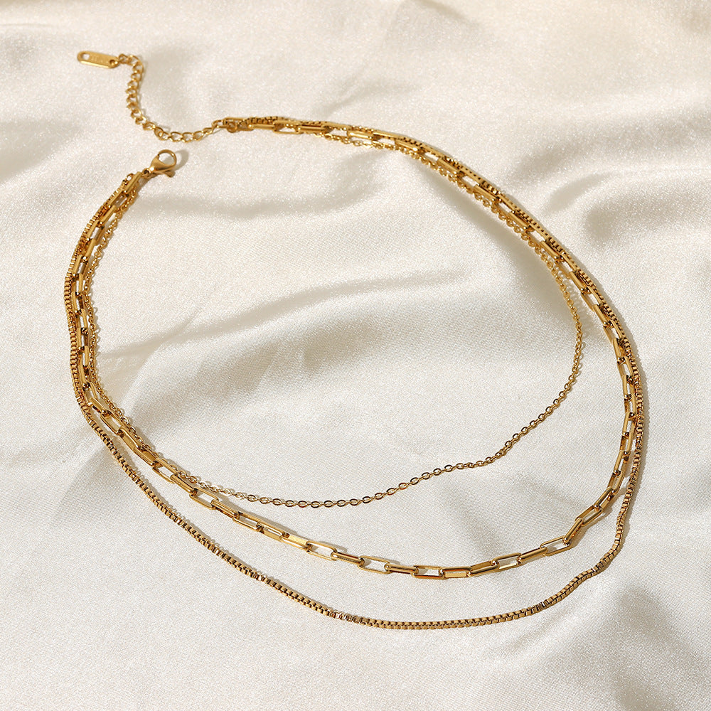 18k Gold Plated Geometric Layered Stainless Steel Necklace for Women