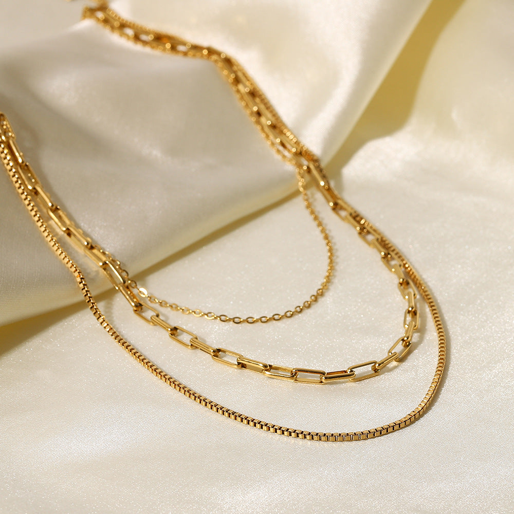 18k Gold Plated Geometric Layered Stainless Steel Necklace for Women