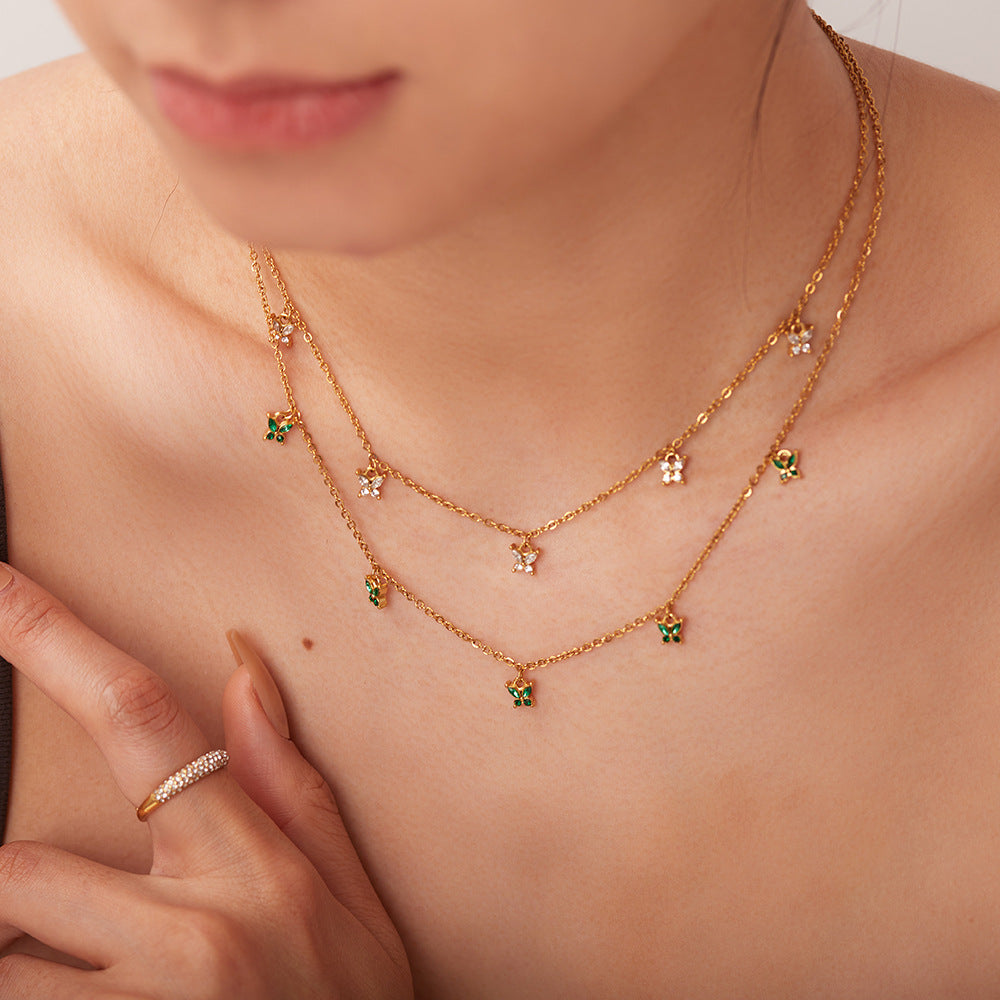 Geometric Zircon Butterfly Pendant Necklace in 18k Gold Stainless Steel