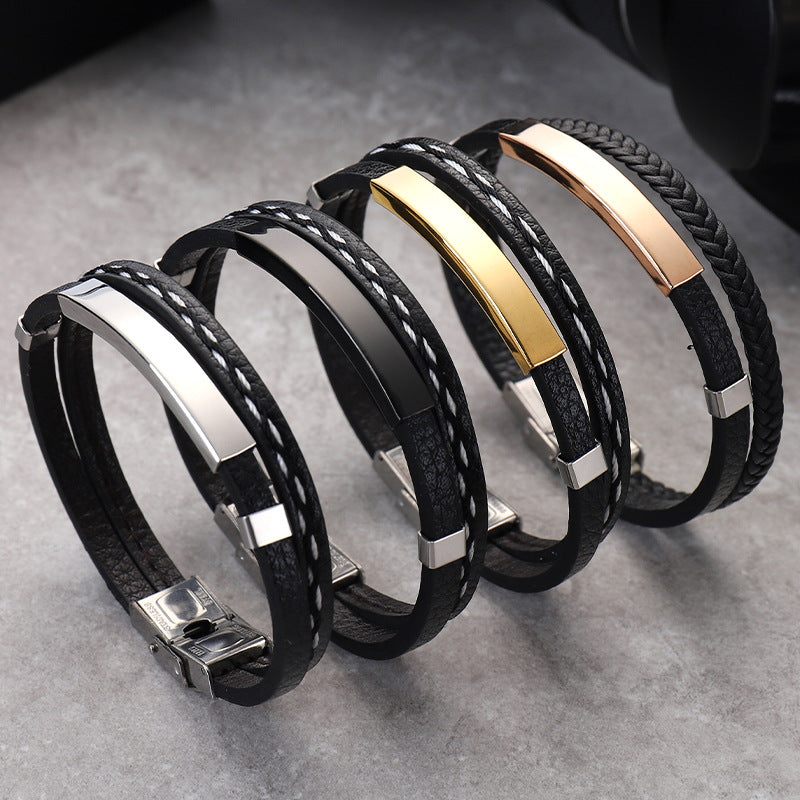 Fashion Geometric Stainless Steel Leather Punk Bracelet