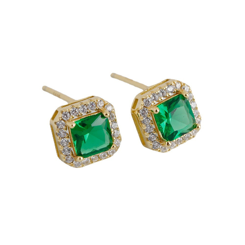 Geometric Sterling Silver Zircon Square Stud Earrings