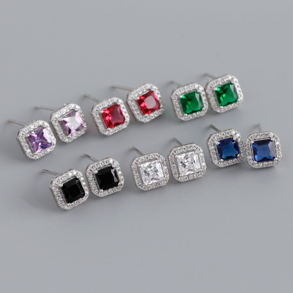 Geometric Sterling Silver Zircon Square Stud Earrings
