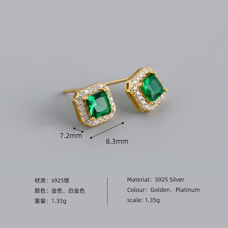 Geometric Sterling Silver Zircon Square Stud Earrings