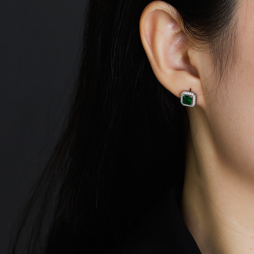Geometric Sterling Silver Zircon Square Stud Earrings