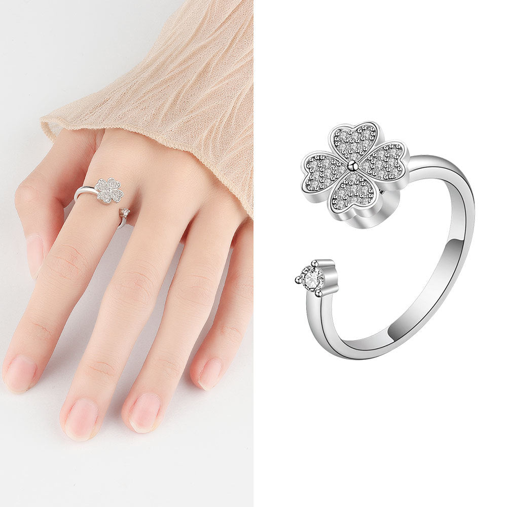 Geometric Sterling Silver Adjustable Spinner Ring with Zircon Clover Design
