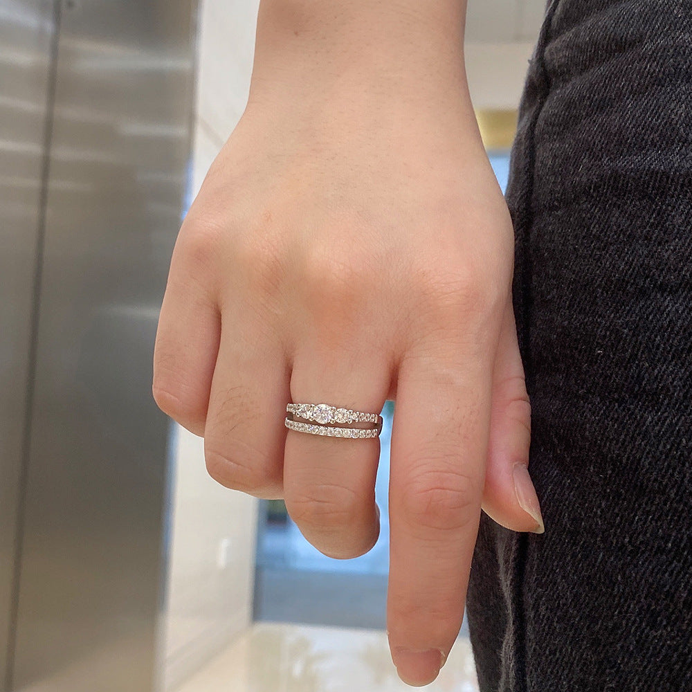 Geometric Sterling Silver Zircon Double Layer Ring for Women
