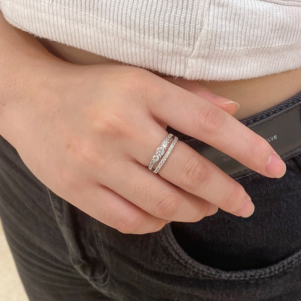 Geometric Sterling Silver Zircon Double Layer Ring for Women
