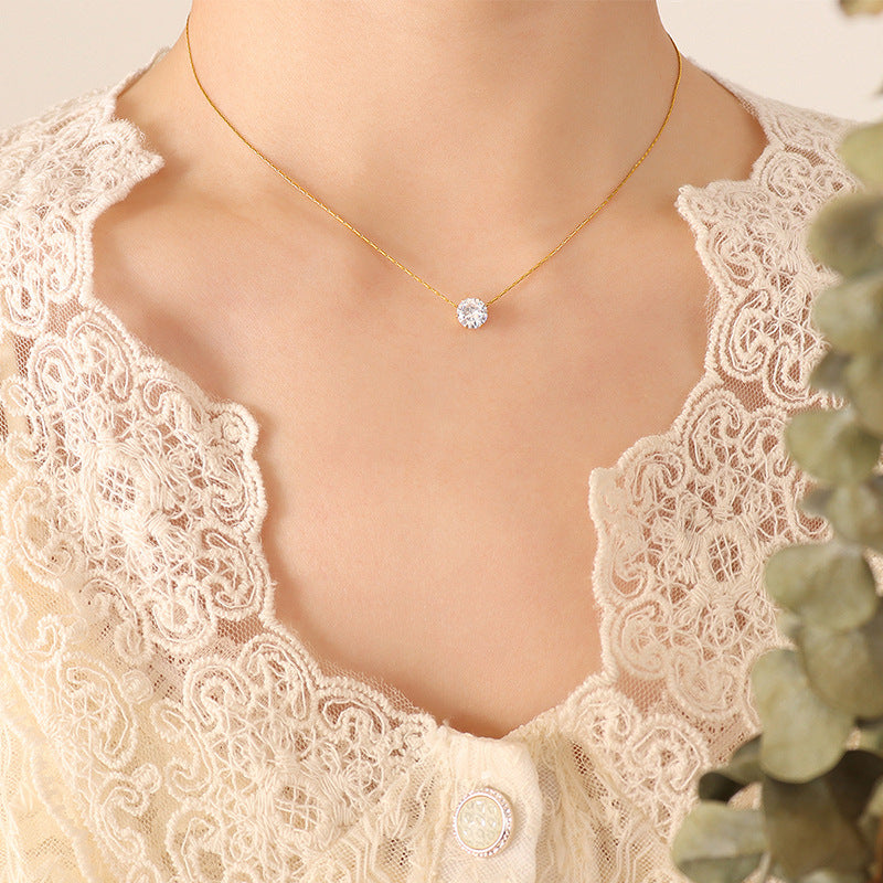 Fashion Geometric Titanium Steel Necklace with Zircon Pendant for Women