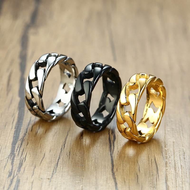 Fashion Geometric Titanium Steel Chain Link Hollow Striped Gold Ring