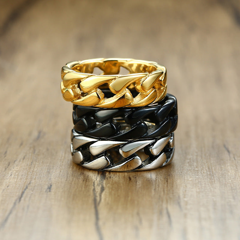 Fashion Geometric Titanium Steel Chain Link Hollow Striped Gold Ring