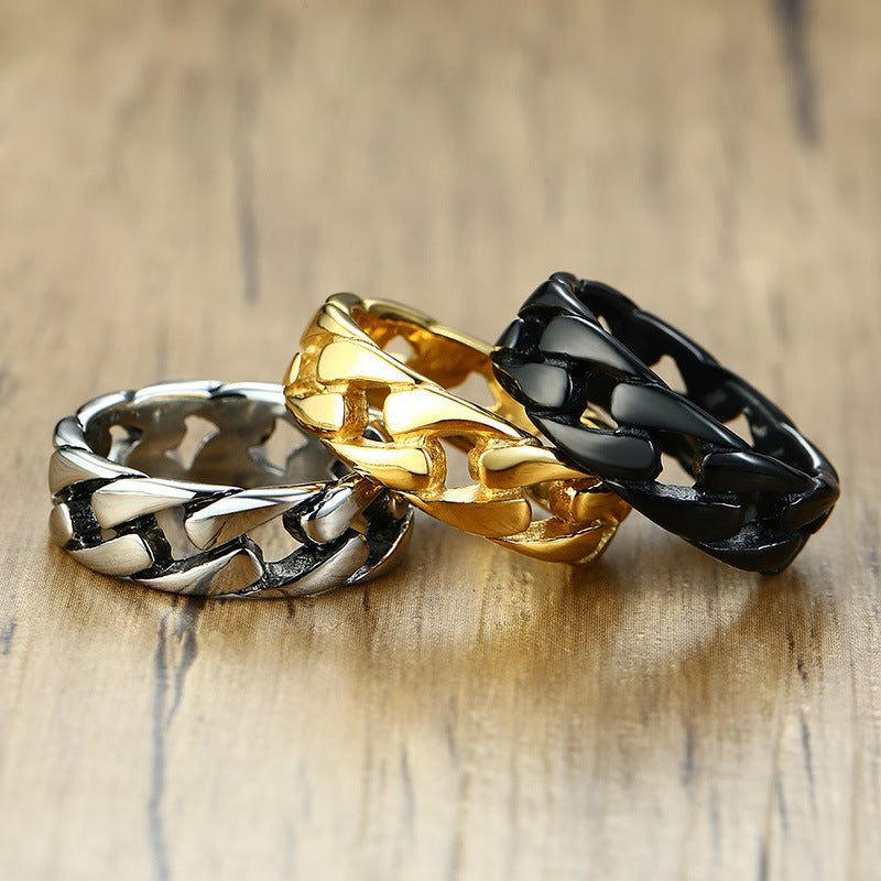 Fashion Geometric Titanium Steel Chain Link Hollow Striped Gold Ring