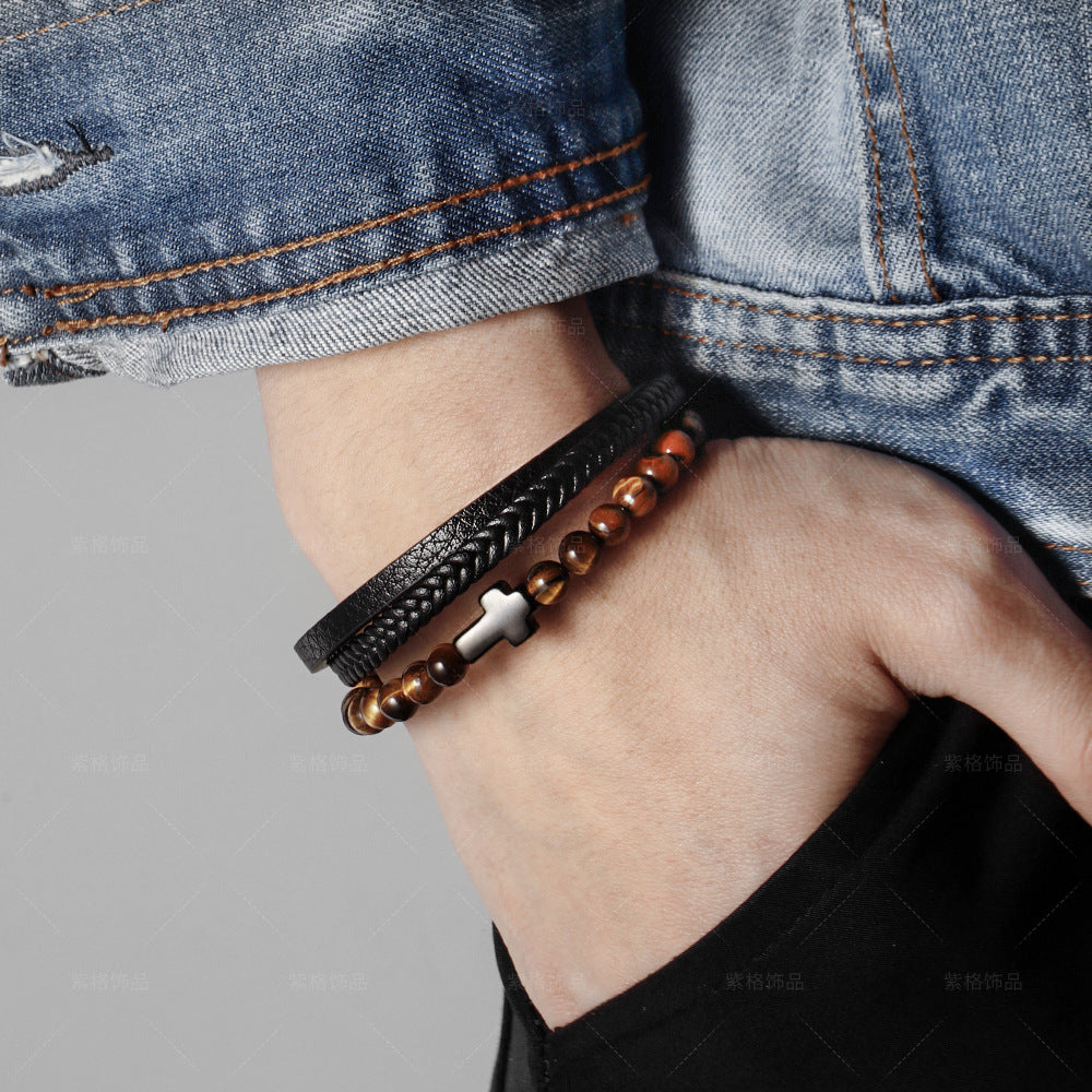 Geometric Titanium Steel Cross Layered Bracelet with Natural Tiger Eye Stone
