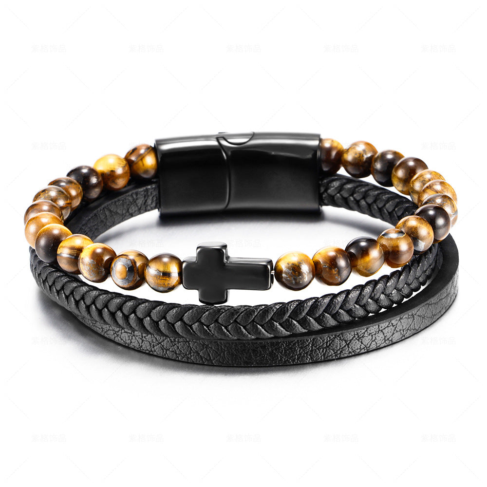 Geometric Titanium Steel Cross Layered Bracelet with Natural Tiger Eye Stone