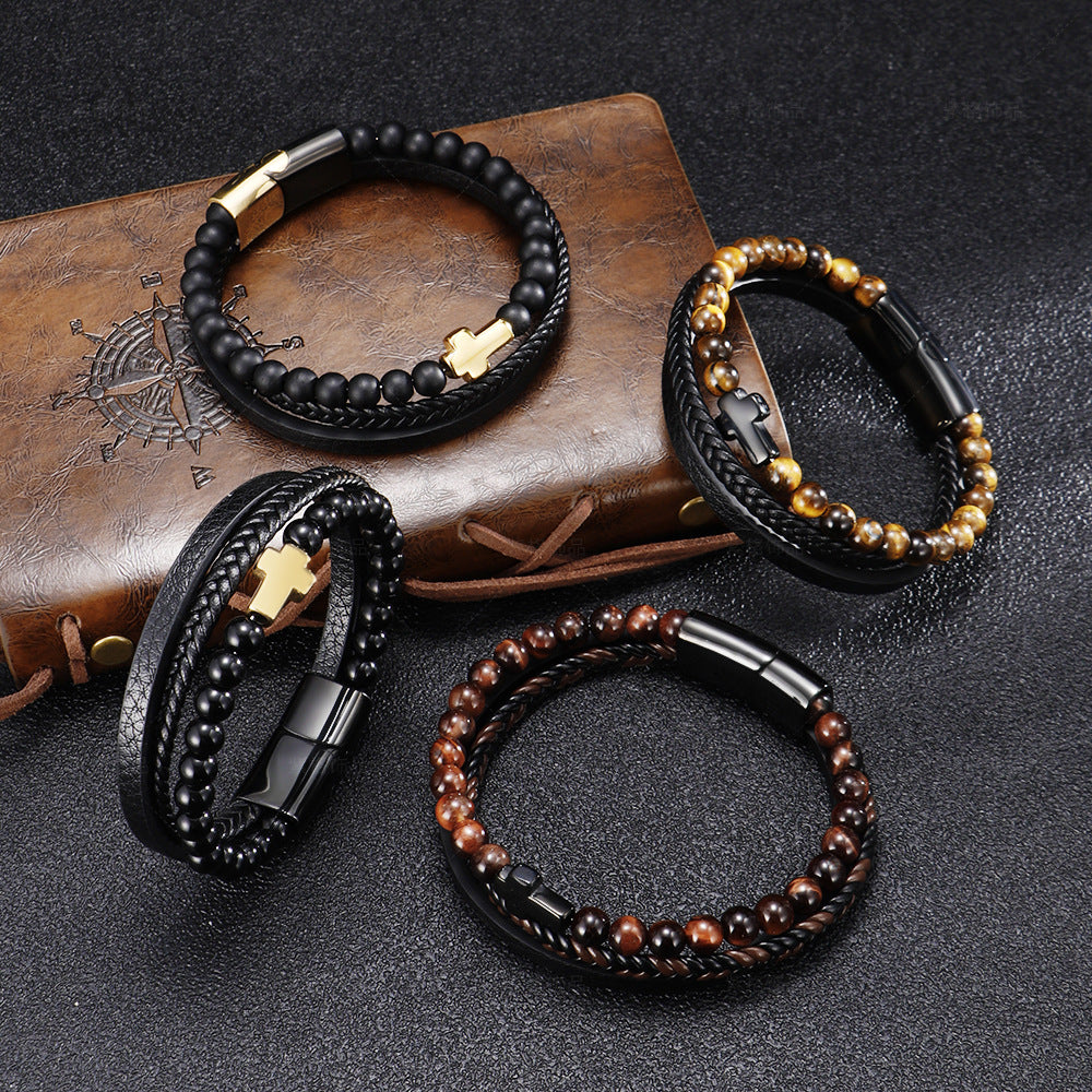 Geometric Titanium Steel Cross Layered Bracelet with Natural Tiger Eye Stone