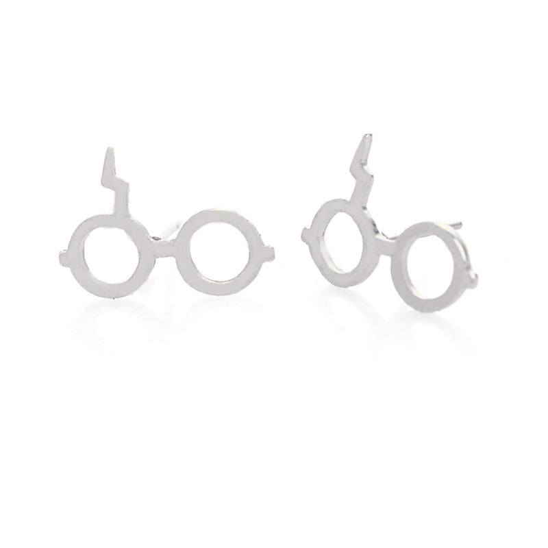 Fashion Titanium Steel Harry Potter Glasses Stud Earrings with Hollow Cartoon Design