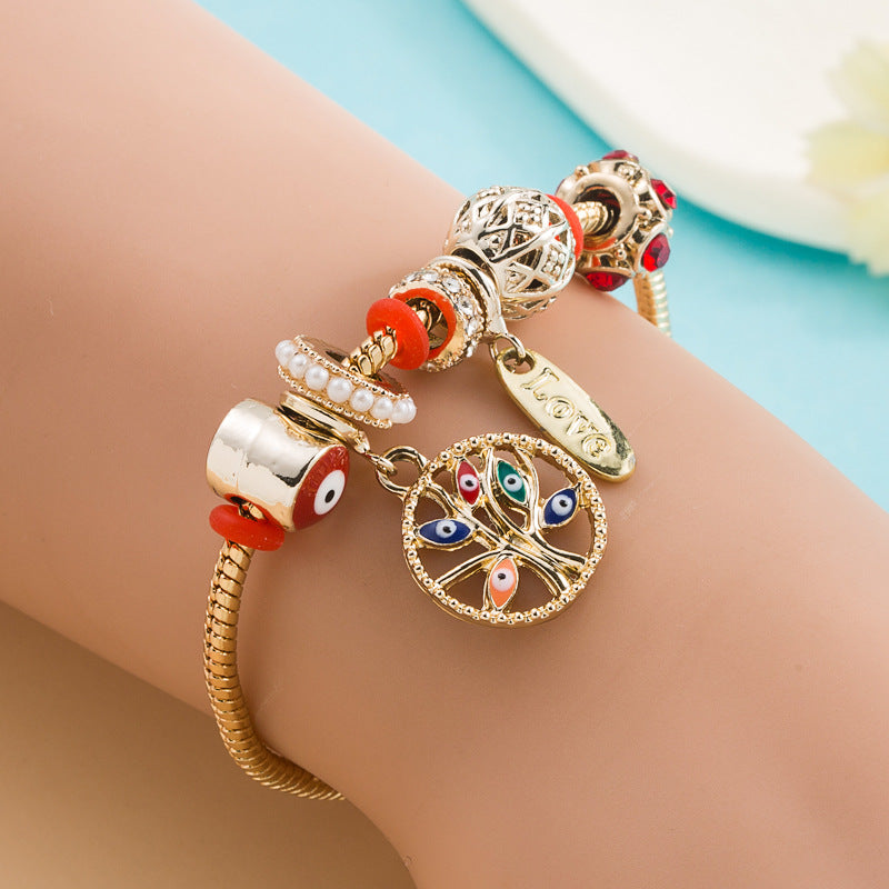 Fashion Gold Devil's Eye Rhinestone Alloy Bracelet with Tree of Life Charm