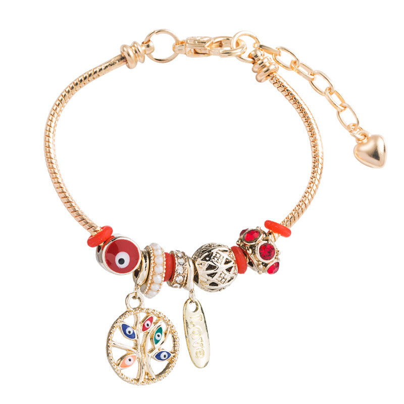 Fashion Gold Devil's Eye Rhinestone Alloy Bracelet with Tree of Life Charm